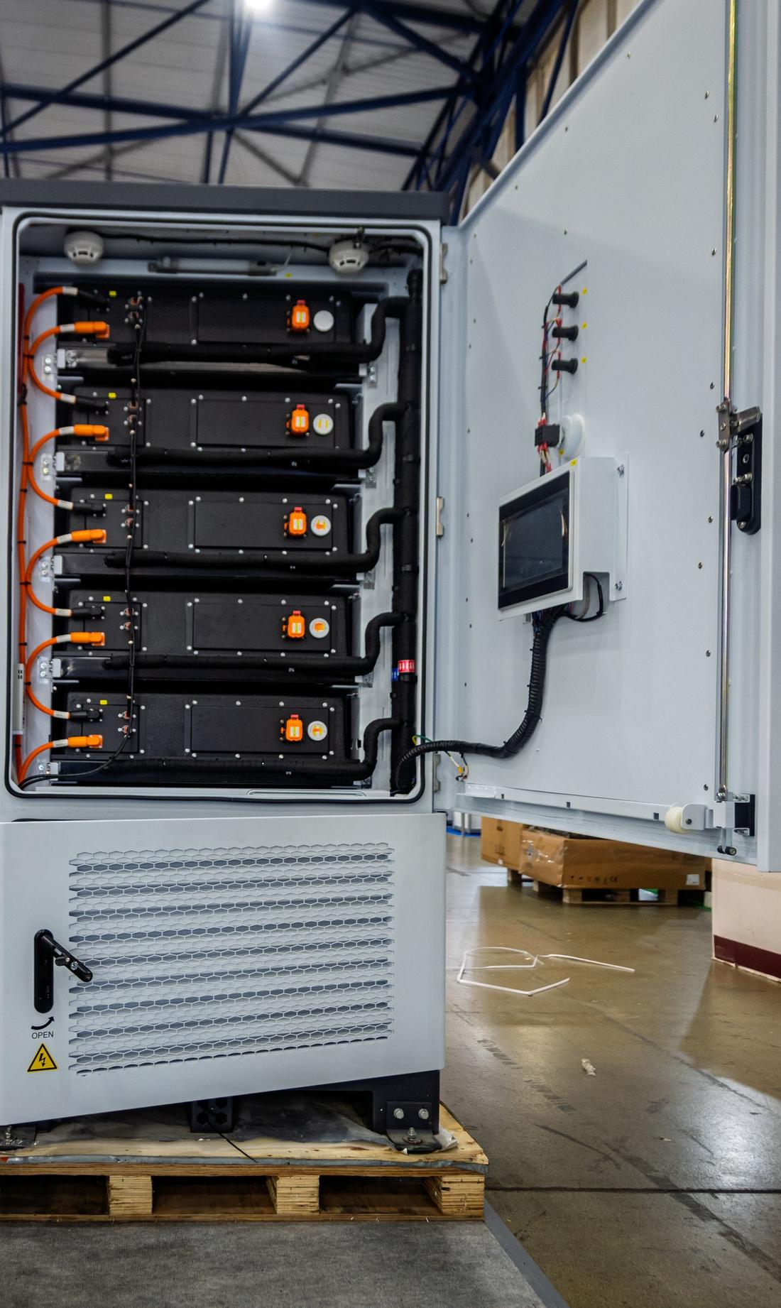 Battery storage cabinet, door open